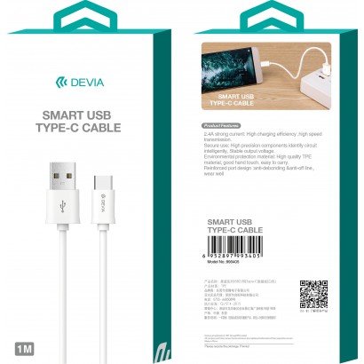 USB kabelis Devia Smart Type-C 1.0m baltas